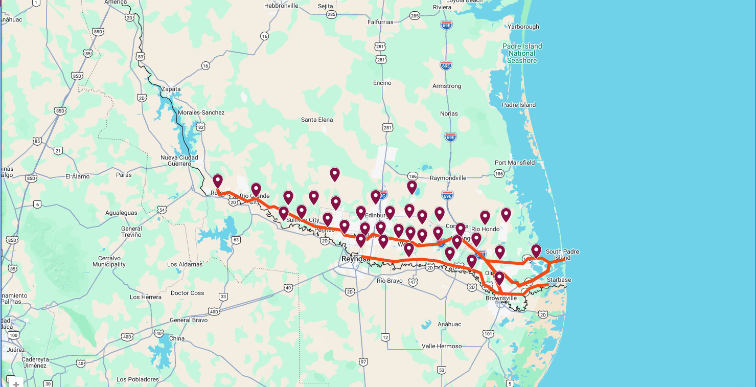 Map of Eagle Express Dumpster Service coverage area across the Rio Grande Valley, Texas